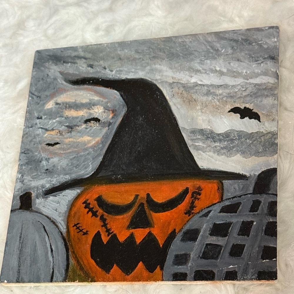 Halloween Pumpkin Witch Coaster Acrylic painting original by Artist